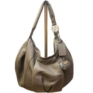 Designer Taupe Leather Hobo Bag with Gold Accent